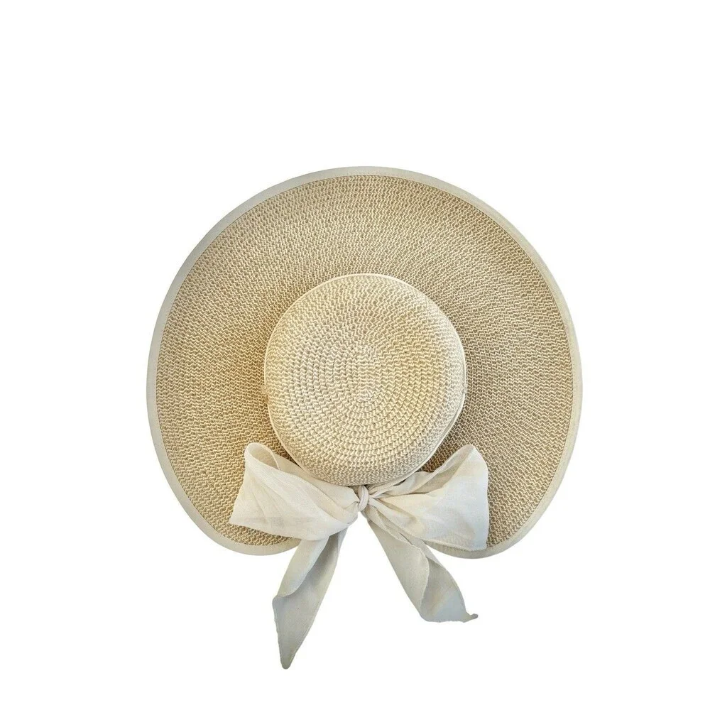 O’Ryan Wide Brim Straw Sun Hat Cream Ribbon Bow Open Back Boho Festival OS